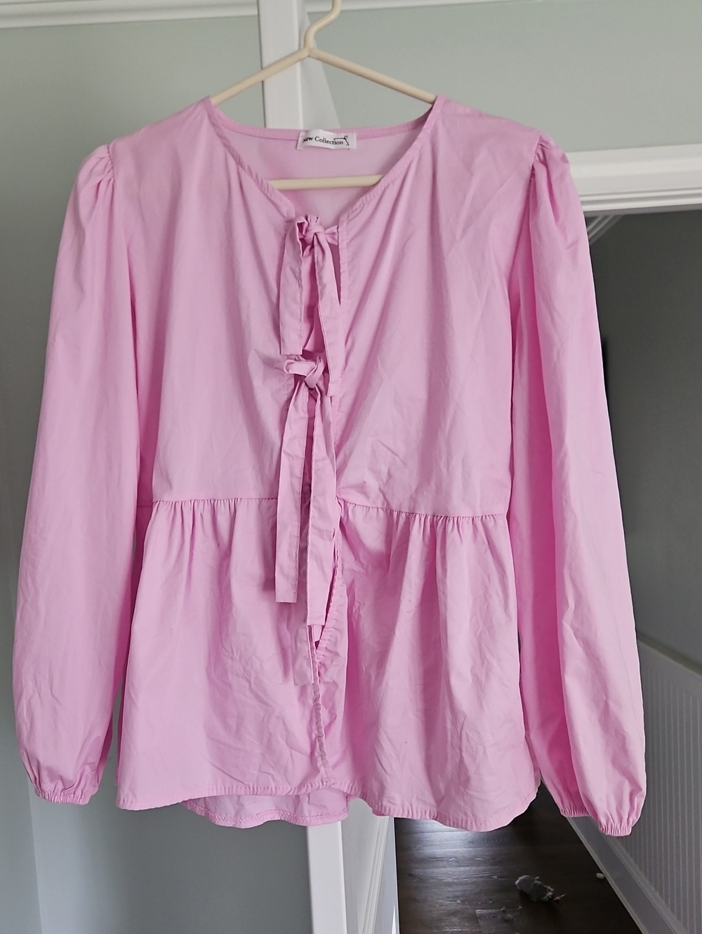 New Collection Italy Pink 100% Cotton Tie-Front Peplum Blouse